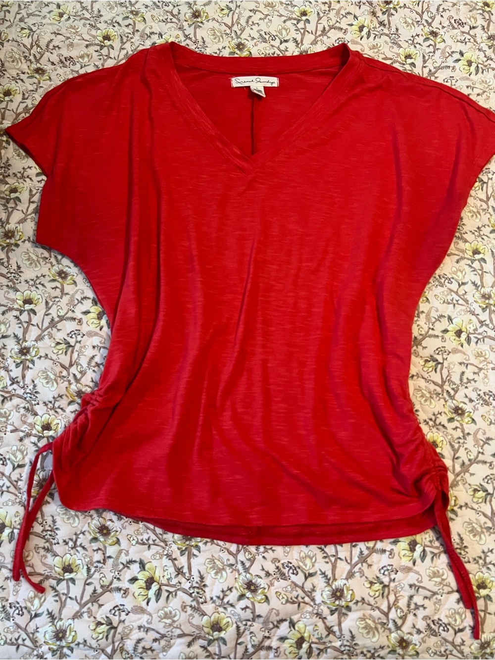 Bright Red V-Neck Short Sleeve Top with Side Drawstrings